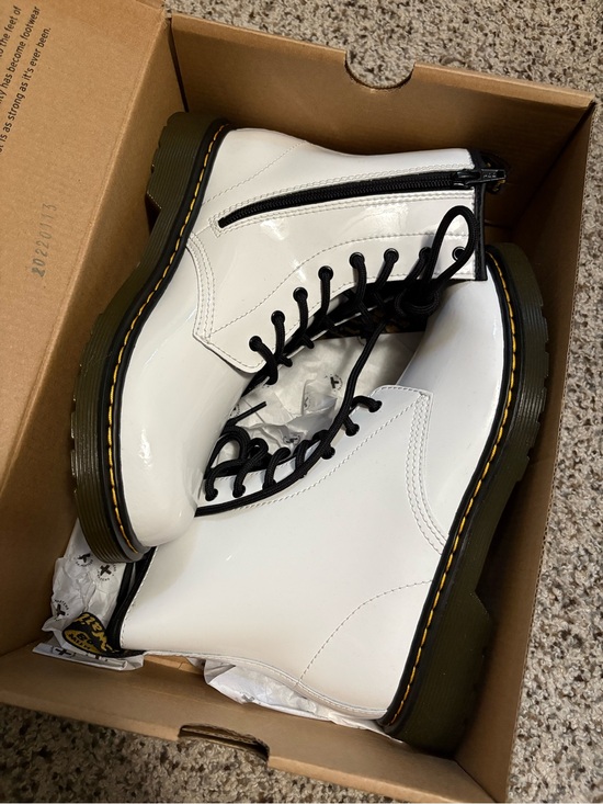 Dr. Martens Shoes - Dr. Martens White Patent 1460 Boots with Black Laces